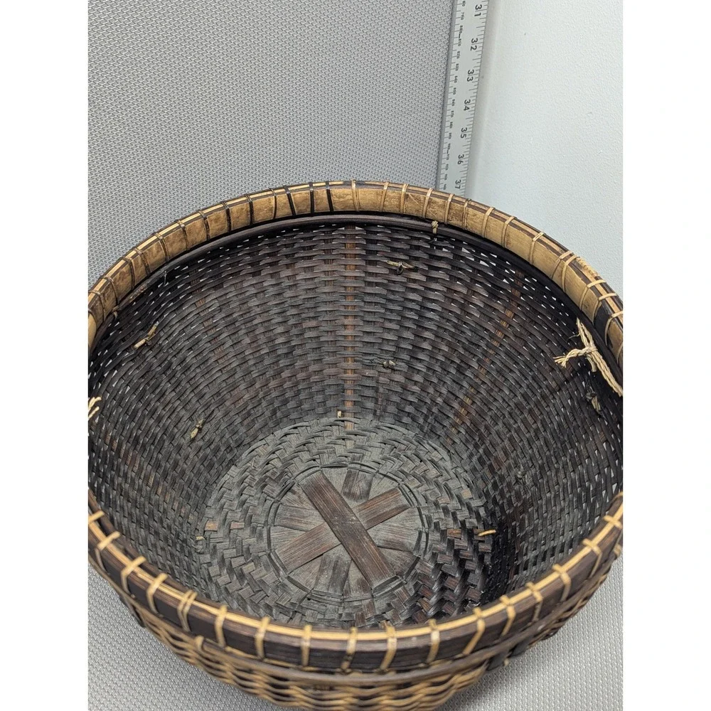 VTG Handcrafted Woven Bamboo Basket Two Tone Round Storage w/ Wood Bead Handles
